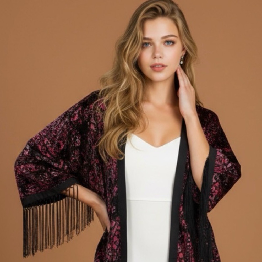 IDYLLWIND Kimono Black Pink Red Fringed Stunning Velvet Burnout Cardigan NWT 🖤💗 - Picture 15 of 16